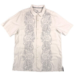 Tommy Bahama Shirt‎ Mens Large White Silk Scrolling Vines Embroidered Button Up